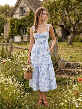 Blue Floral Midi Dress with Pockets